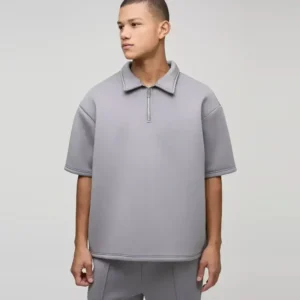 Slim Panelled Zip Neck Interlock Polo