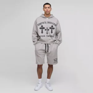 Oversized Mesh Layer Varsity Printed Gusset T-Shirt & Jogger Set